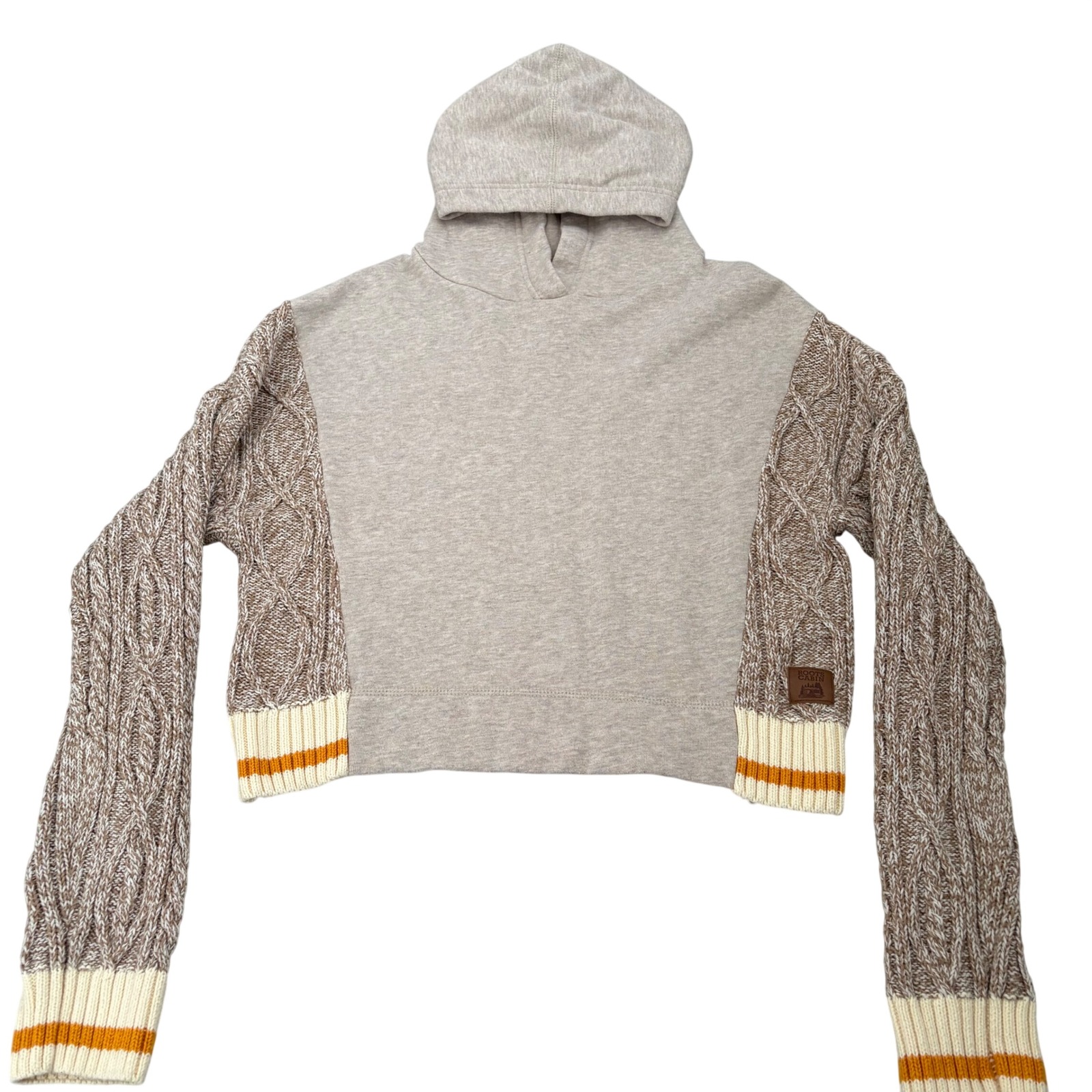 Roots Canada Mixed Media Cable Knit Cropped Hoodie Brown Beige Women's Medium